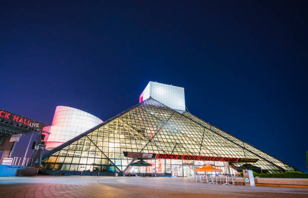 rock and roll hall of frame.cleveland,ohio,usa.2-19-17: rock and roll hall of frame at night. stock photo