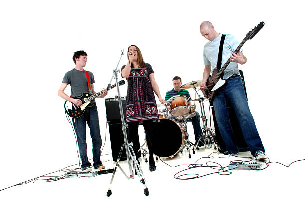 Rock Band Four piece musical band against white background rock object photos stock pictures, royalty-free photos & images