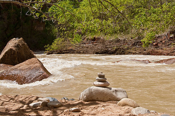 Rock Cairn Alongside the Virgin River Zion Canyon is a unique and different experience than the Grand Canyon. At Zion, you are standing at the bottom looking up where at the Grand Canyon you are at the top looking down. Zion Canyon is mostly made up of sedimentary rocks, bits and pieces of older rocks that have been deposited in layers after much weathering and erosion. These rock layers tell stories of an ancient ecosystem very different from what Zion looks like today. About 110 – 200 million years ago Zion and the Colorado Plateau were near sea level and were close to the equator. Since then they have been uplifted and eroded to form the scenery we see today. Zion Canyon has had a 10,000-year history of human habitation. Most of this history was not recorded and has been interpreted by archeologists and anthropologist from clues left behind. Archeologists have identified sites and artifacts from the Archaic, Anasazi, Fremont and Southern Paiute cultures. Mormon pioneers settled in the area and began farming in the 1850s. Today, the descendants of both the Paiute and Mormons still live in the area. On November 19, 1919 Zion Canyon was established as a national park. Like a lot of public land, the Zion area benefited from infrastructure work done during the Great Depression of the 1930’s by government sponsored organizations like the Civil Works Administration (CWA) and the Civilian Conservation Corps (CCC). During their nine years at Zion the CWA and CCC built trails, parking areas, campgrounds, buildings, fought fires and reduced flooding of the Virgin River. This view of a rock cairn along the Virgin River was photographed from the Riverside Walk Trail in Zion National Park near Springdale, Utah, USA. jeff goulden mojave desert stock pictures, royalty-free photos & images