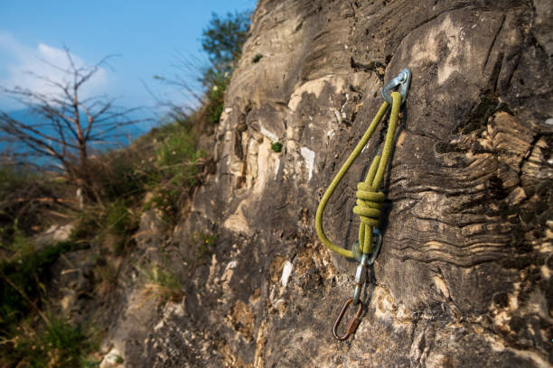 rock climbing rope with hooks stock photo