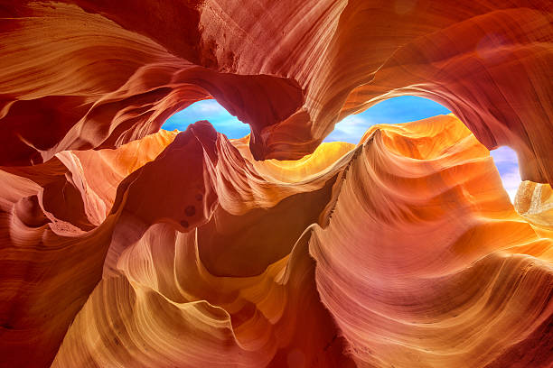 rock formations inside lower antelope slot canyon - rotsformatie stockfoto's en -beelden