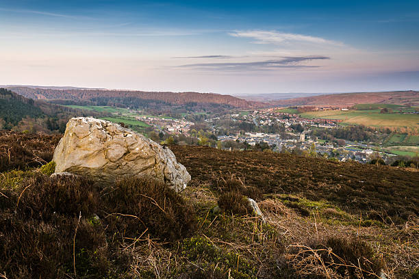 Rock over Rothbury Rothbury Town in the Coquet Valley Northumberland viewed from the Rothbury Terraces rothbury northumberland stock pictures, royalty-free photos & images
