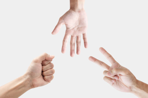 Rock, Scissor and paper hand sign, isolated on white background stock photo