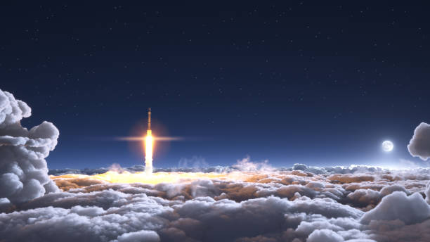 Rocket flies through the clouds stock photo