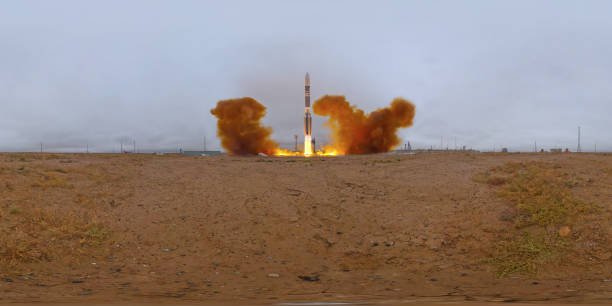 Rocket launch from the Baikonur Cosmodrome. 360 degrees panorama October 14, 2012 at 12:37 Moscow time from the Baikonur Cosmodrome in Kazakhstan to start Proton-M with the upper stage Breeze-M and telecommunication spacecraft Intelsat 23. spaceport stock pictures, royalty-free photos & images