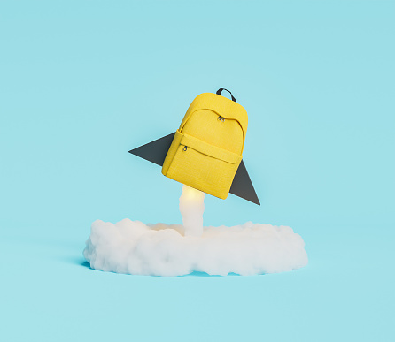 yellow backpack in the shape of rocket taking off with illuminated ignition cloud. concept of education and back to school. 3d render
