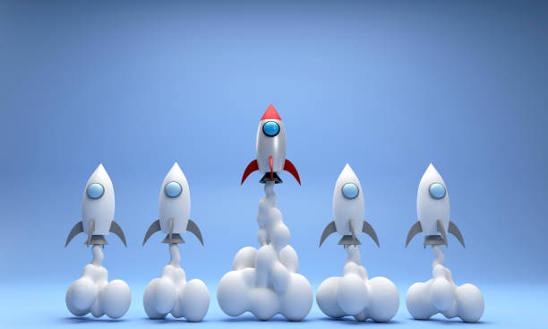 rocket soaring. Different rockets fly high and stand out. different from others, concept startup idea, new generation, faster work better stock photo