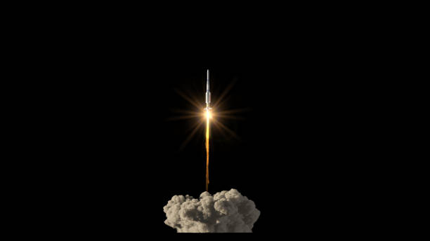 Rocket take off on black background stock photo