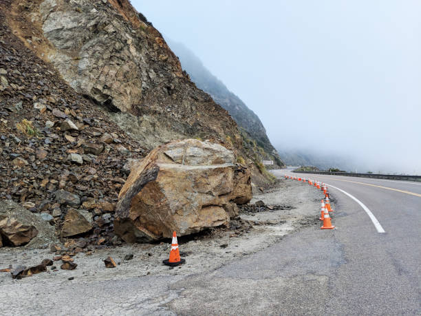 Rockslide along the Big Sur Coast near Gorda California stock photo