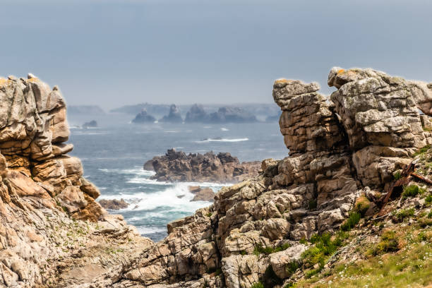 rocky coast of the island of Ouessant, off Brittany stock photo