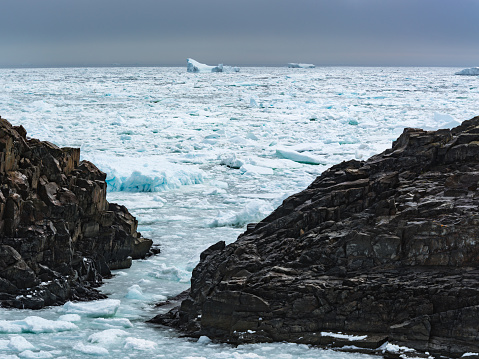 Rocky shore with ice-filled ocean and iceberg in the distance near Elliston on the Bonavista Peninsula in eastern Newfoundland, Canada