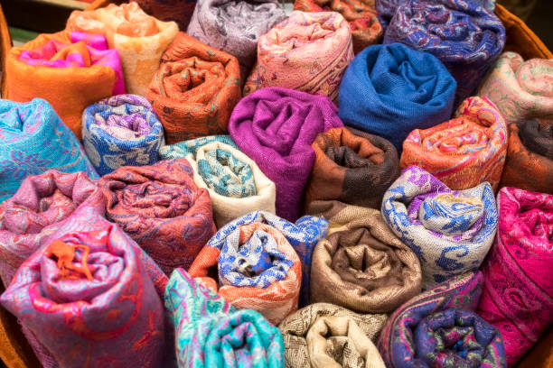 Rolled Traditional Turkish Shawls in Grand Bazaar, Istanbul stock photo