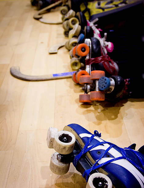 roller hockey detail detail of a roller hockey match hockey goalie stick stock pictures, royalty-free photos & images