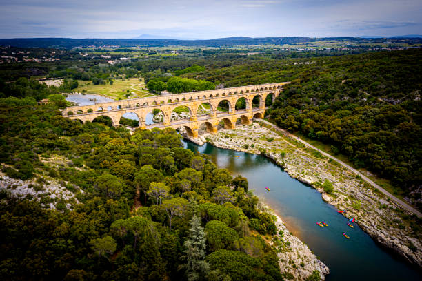 Roman aqueduct, Pont-du-Gard, Languedoc-Roussillon France, Aerial view stock photo