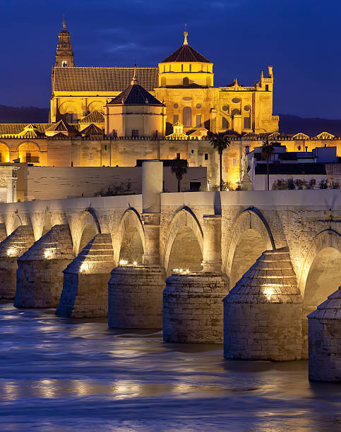 Roman Bridge on Guadalquivir and Mezquita Cathedral in Cordoba Roman Bridge on Guadalquivir river and The Great Mosque (Mezquita Cathedral) at twilight in the city of Cordoba, Andalusia, Spain cordoba spain stock pictures, royalty-free photos & images