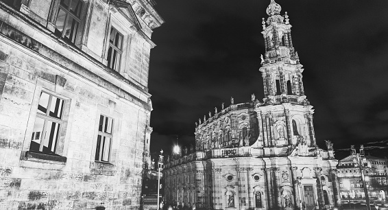Dresden, Germany - July 14, 2016: Major landmarks of Dresden at night along Elbe river, Germany