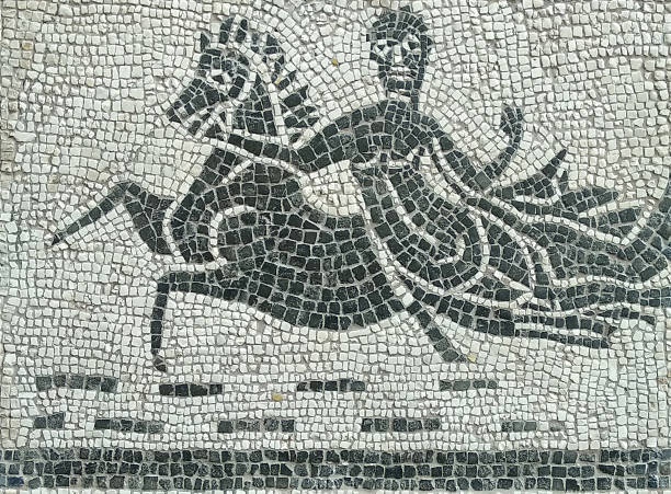 Roman mosaic, in which a person is seen riding a horse stock photo