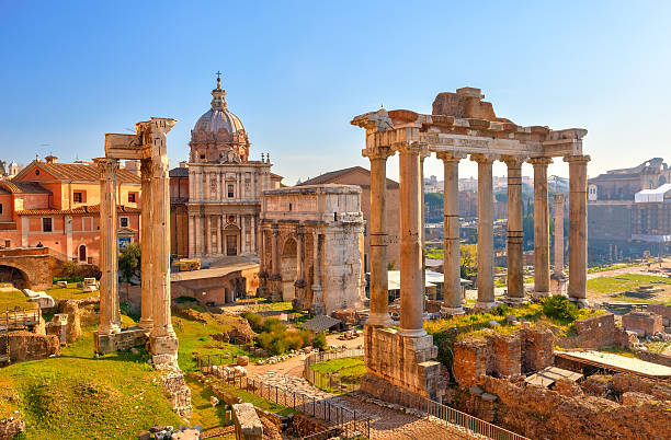 roman ruins in rome, forum - roma stockfoto's en -beelden