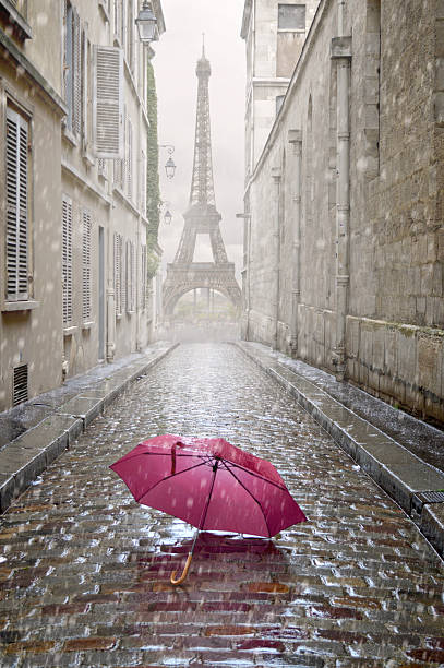 Romantic alley on a rainy day. stock photo