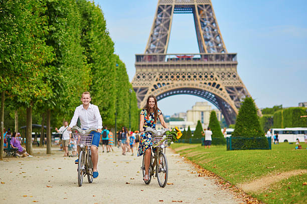 Romantic couple in Paris on a summer day stock photo
