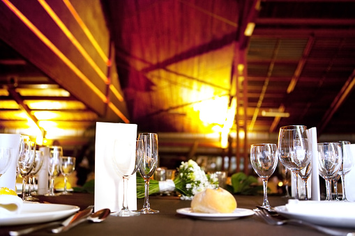 Romantic Dinner In Restaurant Interior Stock Photo - Download Image Now
