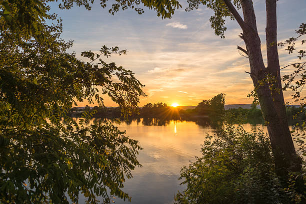 Romantic summer sunset on the lake stock photo