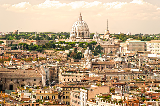 Rome, Italy - April 14, 2015:  Vatican City is the world's smallest independent state in the world and it is surrounded entirely by a brick wall as its boundary.  The Citte del Vaticano sits in the middle of Rome, Italy, measuring 110 acres.  It is home to St. Peter's Basilica, the Sistine Chapel and the Vatican Museums, as well as to the Pope of the Catholic Church.  Pictured here is the entrance to the museums, towered over by one lone Mediterranean pine tree. and a sculpture of Michelangelo and Raphael, two Renaissance artists who created many works still seen within Vatican City.
