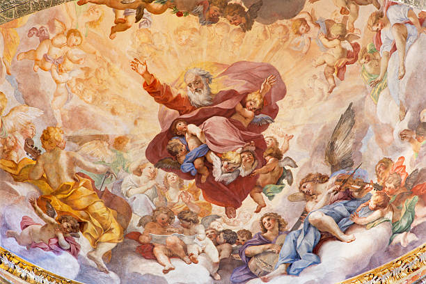 Rome - The fresco The Eternal in Glory Rome - The fresco The Eternal in Glory by Luigi Garzi  (1685) in apse of Cybo chapel in church Basilica di Santa Maria del Popolo. fresco stock pictures, royalty-free photos & images