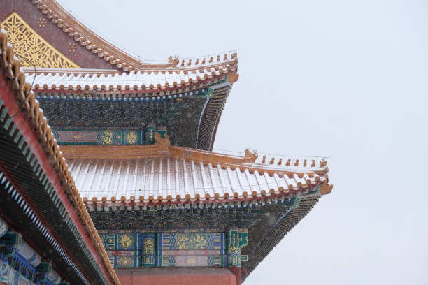 Roof of Imperial hall is covered with snow, Forbidden City, China, Beijing. stock photo