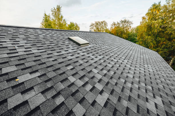 roof of new house with shingles roof-tiles and ventilation window stock photo
