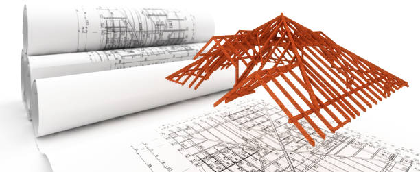 Roof truss in construction  - building in planning - 3d illustration stock photo