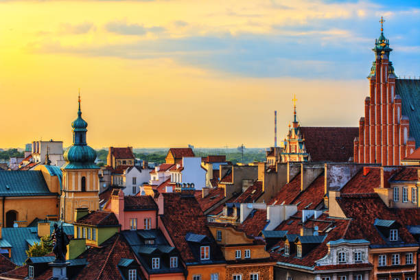 Roofs City of Warsaw from the Top at Sunset Time stock photo