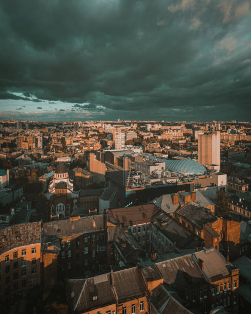 rooftop view of kharkiv before the storm. city before rain and storm. aerial drone shot. - kharkiv imagens e fotografias de stock