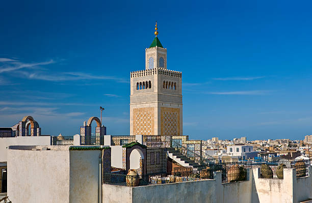 A rooftop view of Tunis medina Tunisia. Tunis - old town (medina) seen from roof top of Palais d'Orient. There is minaret Zitouna Mosque in the middle medina district stock pictures, royalty-free photos & images