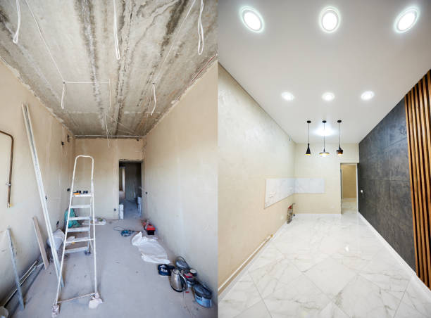 Room in apartment before and after renovation works Comparison snapshot of a big beautiful room in a private house before and after reconstruction, messy room with empty grey walls vs new clean shiny interior restoring stock pictures, royalty-free photos & images