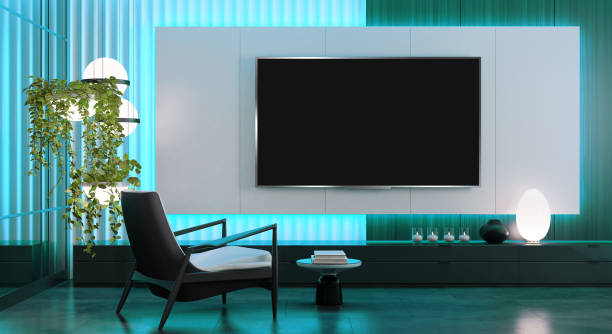 8K TV Room modern minimalist living room with flat TV stock photo
