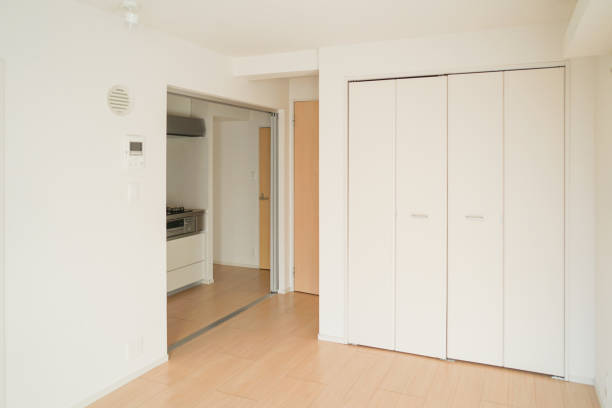 Room of the newly built studio apartment stock photo