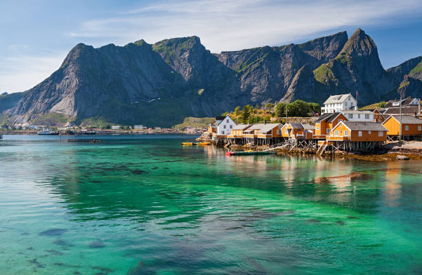 Rorbuer huts near Reine, Lofoten islands, Norway Rorbuer (rorbu) huts in Lofoten, Norway fishing village stock pictures, royalty-free photos & images