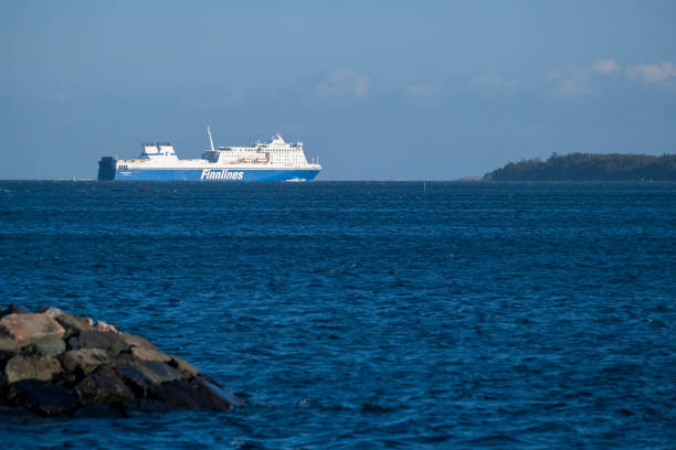 RORO-cargo vessel Finnswan, operated by Finnlines, leaving the port of Helsinki. stock photo