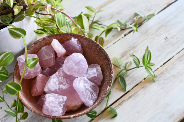 Rose Quartz Crystals A close up image of a pottery bowl filled with raw rose quartz crystals and  a lush green plant on a white wooden table top. rose quartz stock pictures, royalty-free photos & images