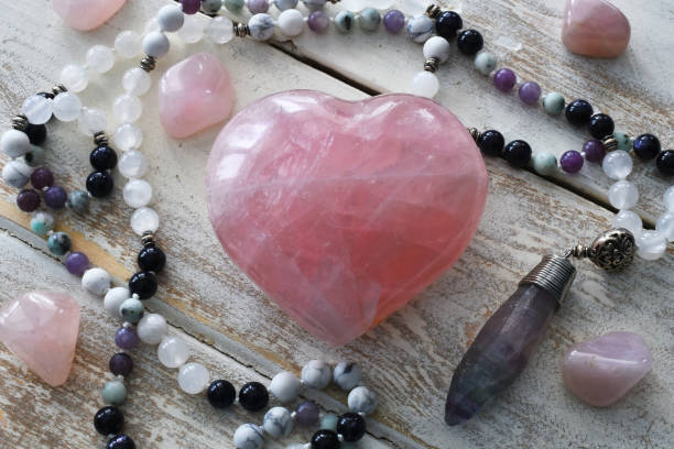 Rose Quartz Heart and Mala Necklace stock photo