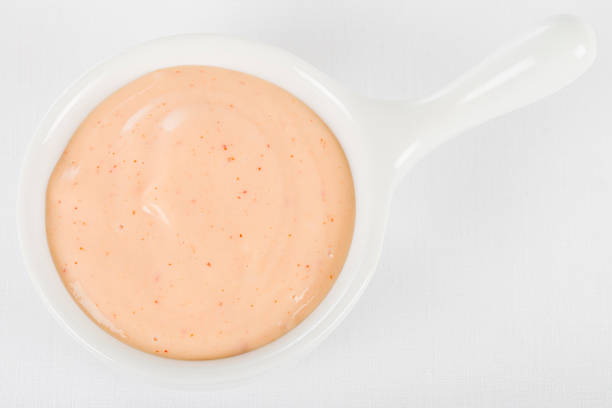 Rose Sauce Rose Sauce / Fry Sauce Dip - Bowl of dipping sauce made with ketchup and mayonnaise. Shot from above on a white background. cocktail sauce stock pictures, royalty-free photos & images