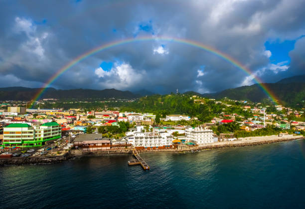 Roseau, Dominica with Rainbow stock photo