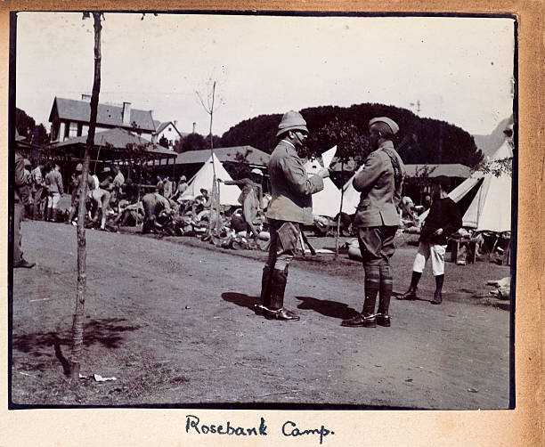 Rosebank Camp Boer War "Vintage  photograph showing two officers of the British Army talking at Rosebank Camp, South Africa, during the Boer War in 1900." 1901 stock pictures, royalty-free photos & images