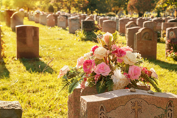 Roses in a cemetery with headstones Roses in a cemetery with headstones in the background (faded retro effect) cemetery photos stock pictures, royalty-free photos & images