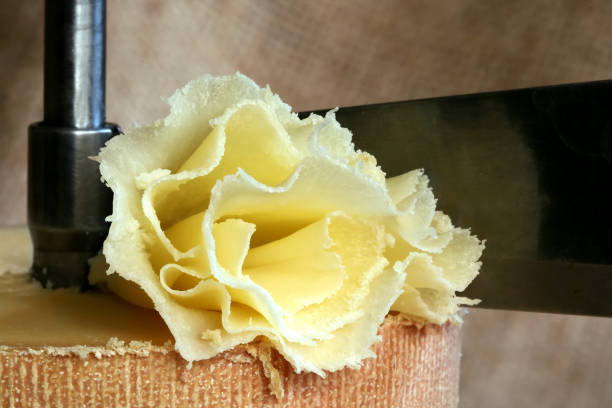 Rosette Closeup of Swiss Cheese Tête de Moine stock photo