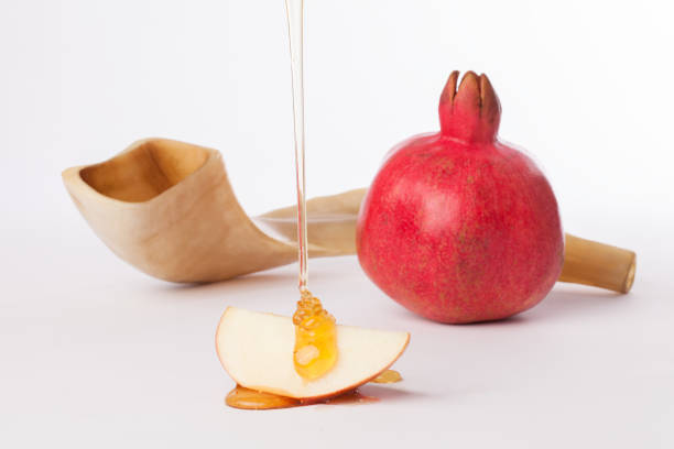 Apples, honey, pomegranate and shofar for the Jewish holiday of Rosh Hashana