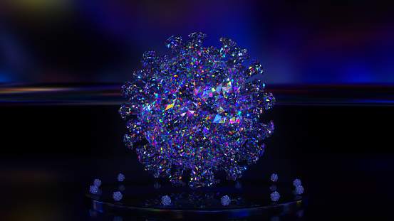 Rotating diamond 3d corona virus. Neon lighting. Glass 3D model. Seamless loop animation.