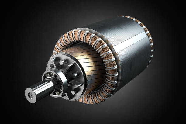 Rotor and stator of electric motor on black background. stock photo