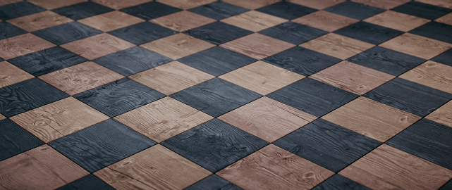 Rough wooden black and brown tiled floor in checked pattern design - low angle horizontal composition